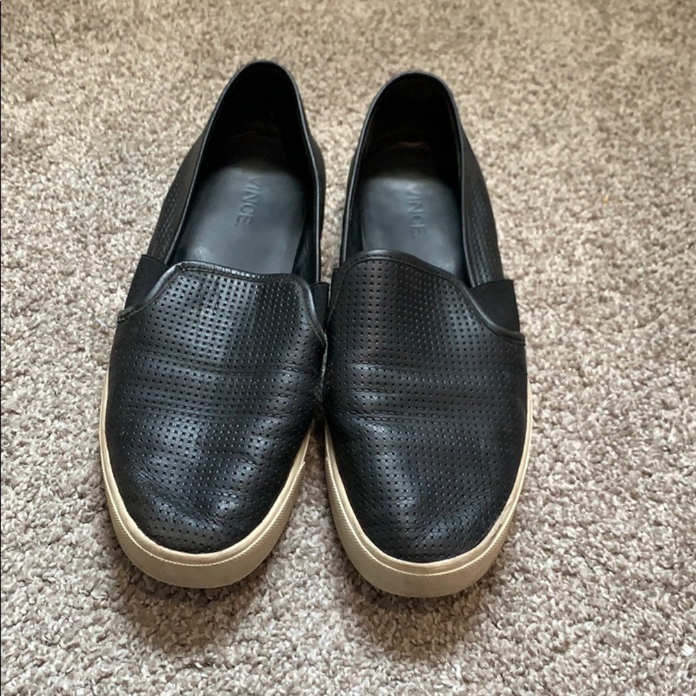 Vince black leather slip on’s